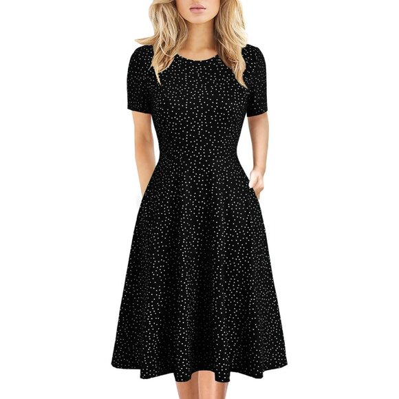 Women's Black Dot Elegant Knee Length Vintage A-Line Swing Dress with Pockets